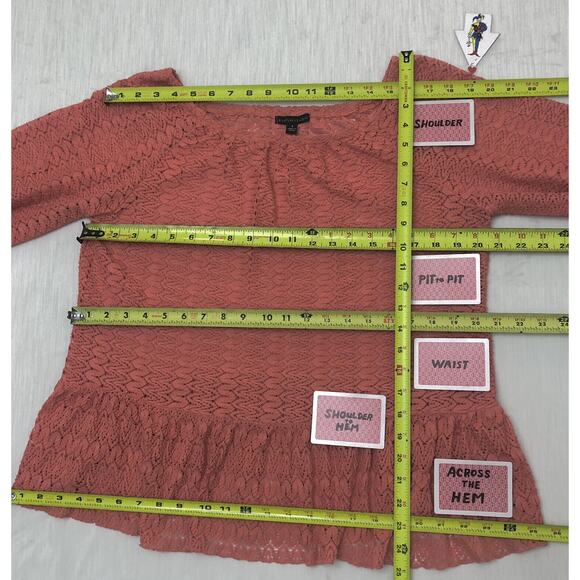 Crotchet Lace Coral Sz S Top Gathered Hem Orange Shirt Round Neckline 3/4 Sleeve - Picture 12 of 13